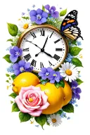 rose and violets and daisies and butterfly resting and lemons and thunderstorm and clock and cat eye tattoo design idea