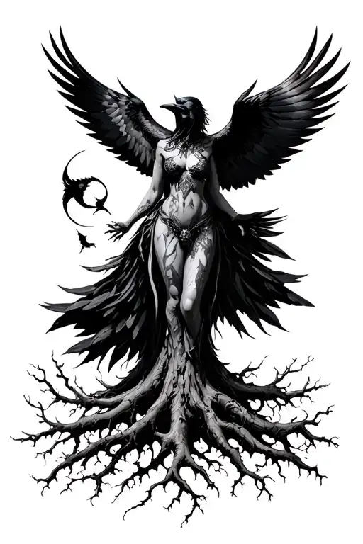 Morrigan godness + many raven flying + root of the tree Indrasil  tattoo design idea