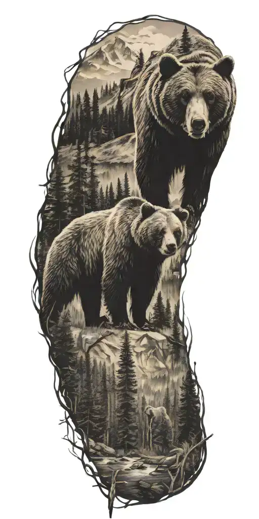 bear and woods and mountains tattoo design idea