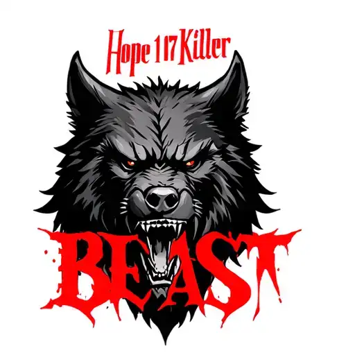 one centered black werewolf head with "Hope 17 Killer" written above in red and the word "BEAST" written below tattoo design idea