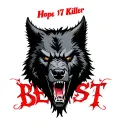 one centered black werewolf head with "Hope 17 Killer" written above in red and the word "BEAST" written below tattoo design idea
