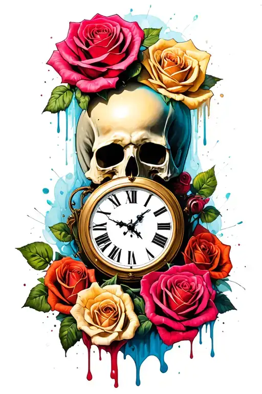 rose clock melting skull surrounded tattoo design idea