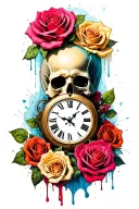 rose clock melting skull surrounded tattoo design idea