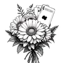 marigold and cosmo bouquet with cards sticking out  tattoo design idea