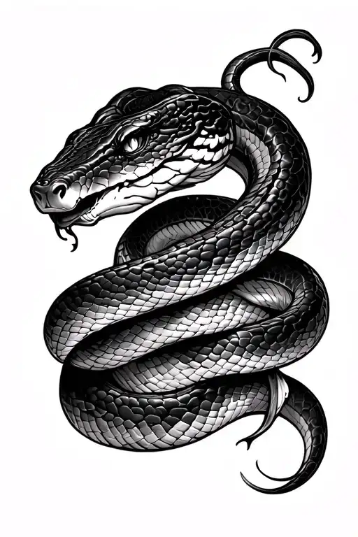 A forearm tattoo design of a coiled snake shedding its skin. The old skin is peeling off mid-body black and white tattoo design idea