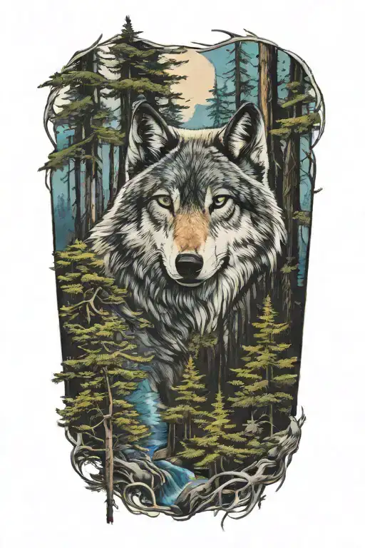 wolf blue eyes howling forest landscape tattoo design idea