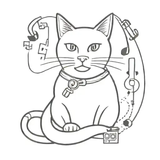 A tattoo of a cat with piercings and tattoos, surrounded by music symbols and phone icons, with a computer screen in the background tattoo design idea
