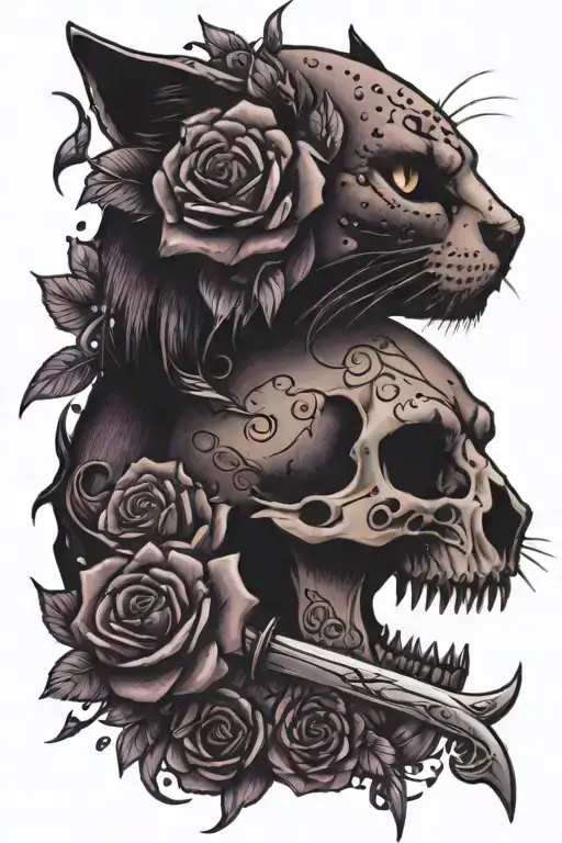 Tattoo with purple roses, on the right half a cat skull and on le left half a cat head, with three swords tattoo design idea