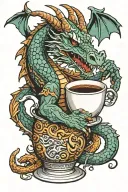 western dragon drinking coffee cup tattoo design idea