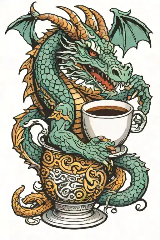 western dragon drinking coffee cup tattoo design idea