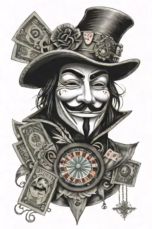 Guy Fawkes mask, on top of the mask is a casino roulette and a fan of dollar bills tattoo design idea