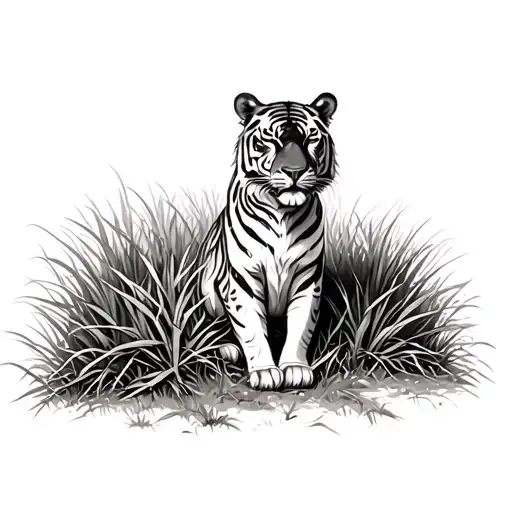 a tigress sitting behind a bush with its head and ahoulders out at a far distance with he body facing straight tattoo design idea