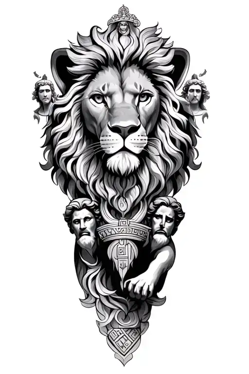 lion with Greek gods around it tattoo design idea