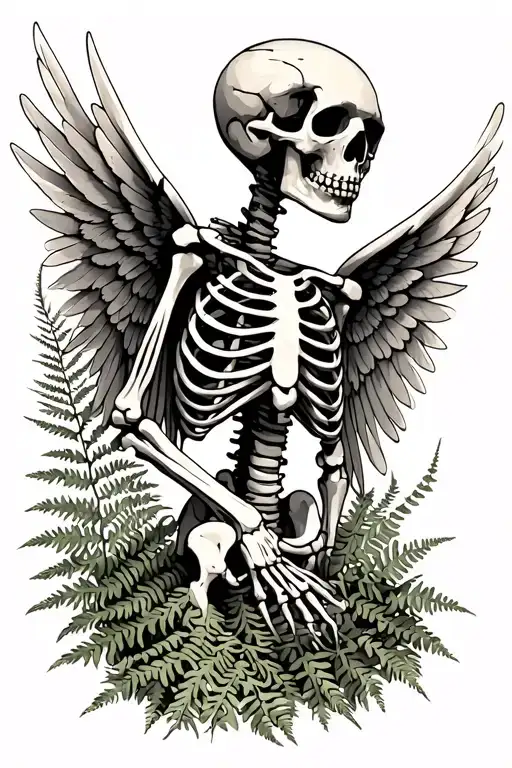 ötzi skeleton with wings made of Pteridophyte tattoo design idea