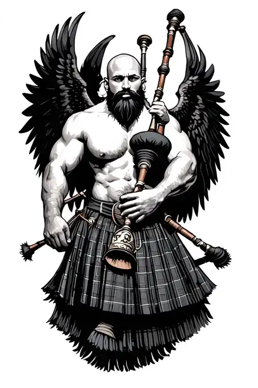 legless shirtless muscular bagpiper bald black beard playing bagpipes huge black wings tattoo design idea