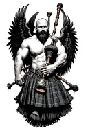 legless shirtless muscular bagpiper bald black beard playing bagpipes huge black wings tattoo design idea