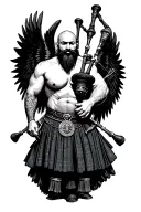 legless shirtless muscular bagpiper bald black beard playing bagpipes huge black wings tattoo design idea