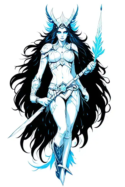 Valkyrie with blue eyes warrior wielding a spear tattoo design idea