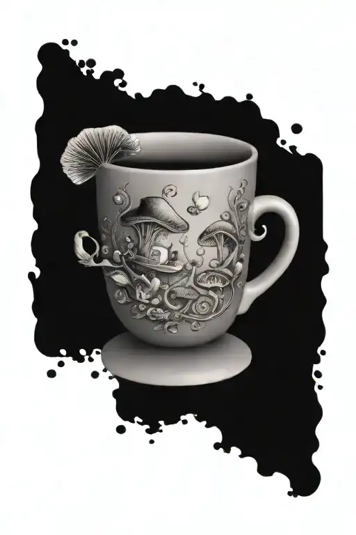 tea cup with magical mushrooms inspired by the Mad Hatter's hat tattoo design idea