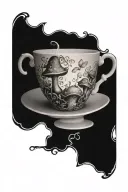 tea cup with magical mushrooms inspired by the Mad Hatter's hat tattoo design idea