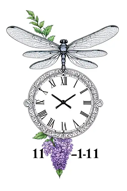 Simple dragonfly with lilacs and 11:11 in clock font  tattoo design idea