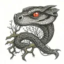 cobra with red eyes wrapped around a tall dead tree tattoo design idea