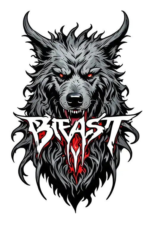 the word beast with demonic hellhound sillouette tattoo design idea