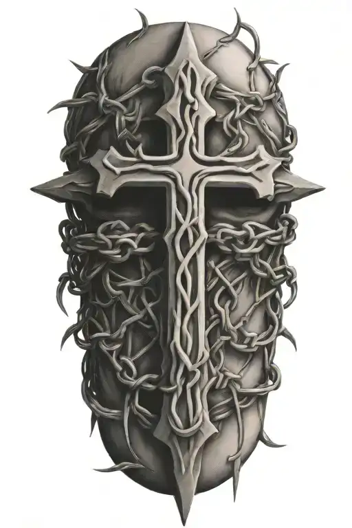 cross wrapped in barbed wire filament that spells tattoo design idea