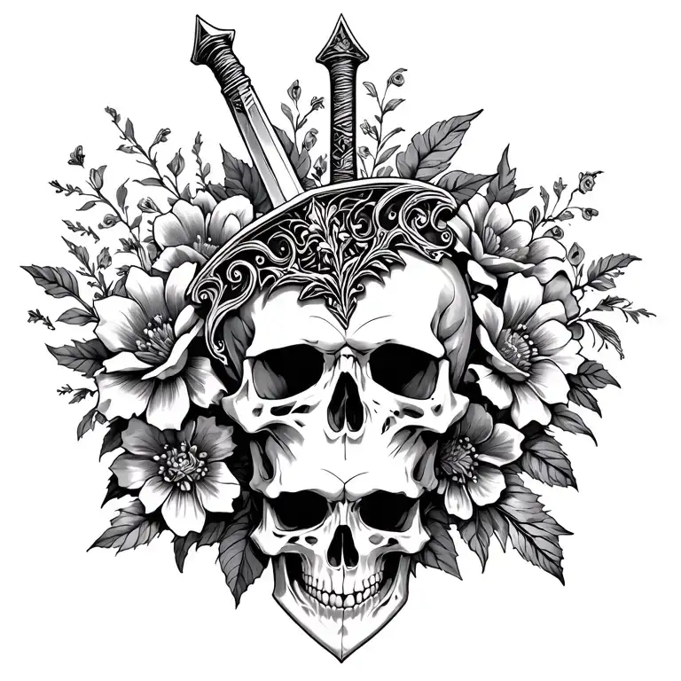 ornate long sword with pointed tip stabbed into skull and decorative flowers behind tattoo design idea