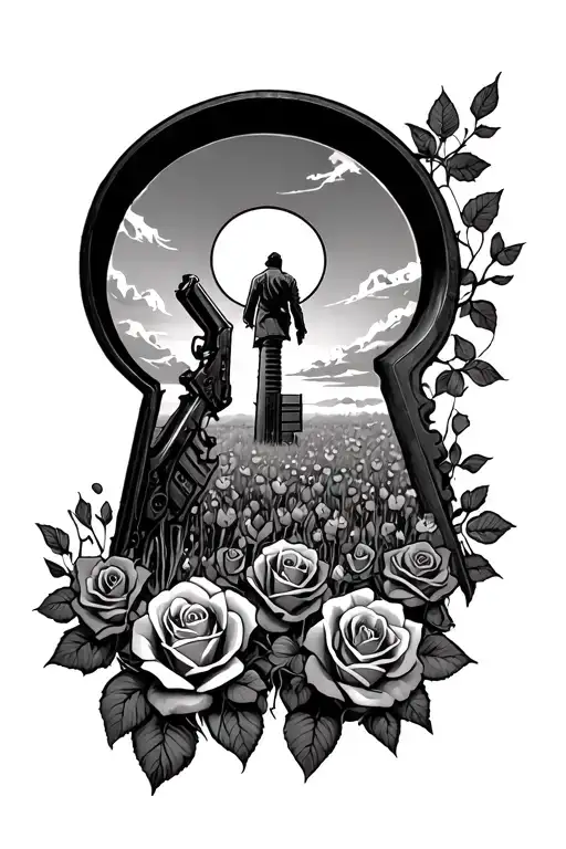 Dark Tower inside a key hole with a field of roses and a gunslinger in the field  tattoo design idea