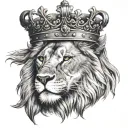 Majestic lion head with crown and a cross below Realistic black and gray tattoo design idea