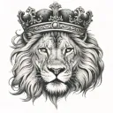 Majestic lion head with crown and a cross below Realistic black and gray tattoo design idea