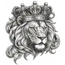 Majestic lion head with crown and a cross below Realistic black and gray tattoo design idea