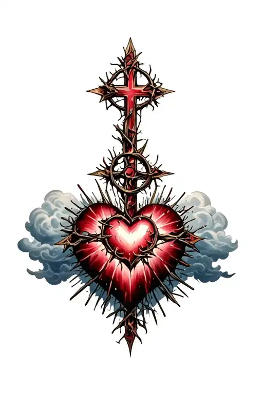 heart shape, clouds, rays, floral patterns, Norse cross, crown of thorns tattoo design idea