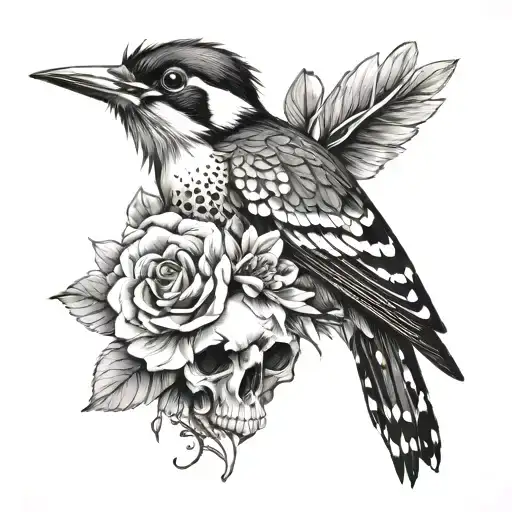 woodpecker, skull, flowers tattoo design idea