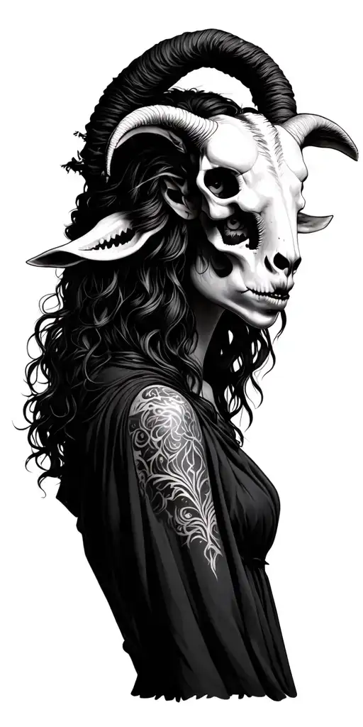 witch with goat skull wearing on top of her head  tattoo design idea