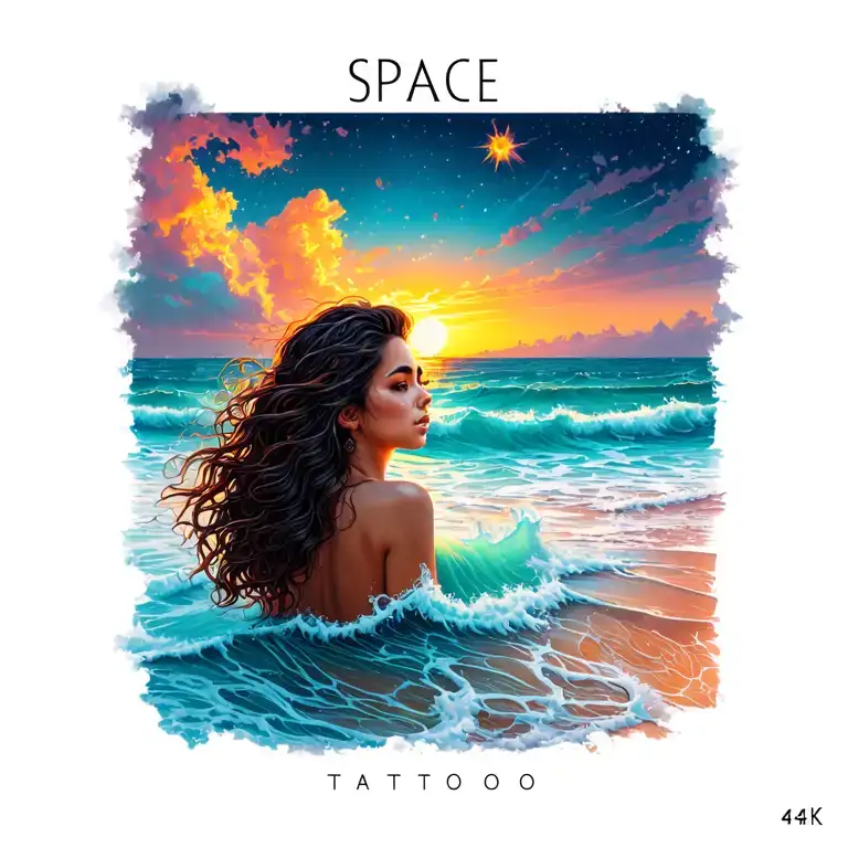 space beach sunset girl in sea waves tattoo design idea