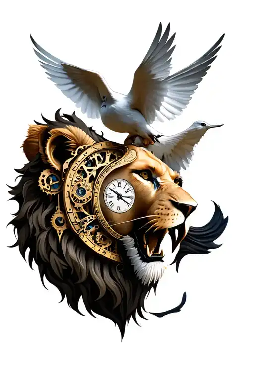 Roaring lion head, with steampunk style clock and dove. Shoulder position and finished before the elbow tattoo design idea