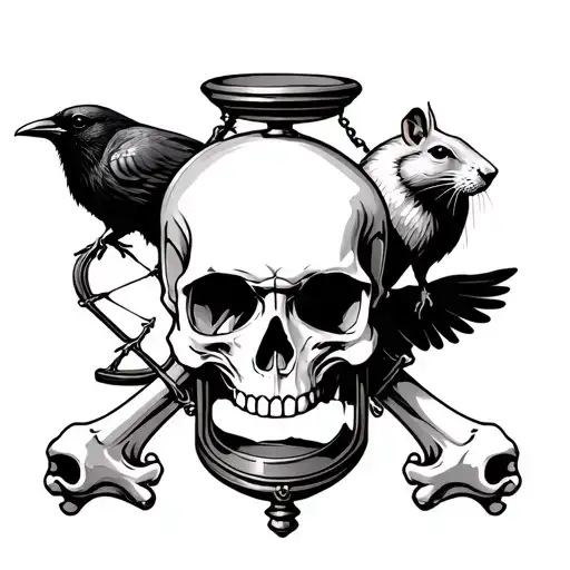 A skull without the inner jaw placed on two crossed femurs with an 18th century hourglass, a crow and a rat tattoo design idea