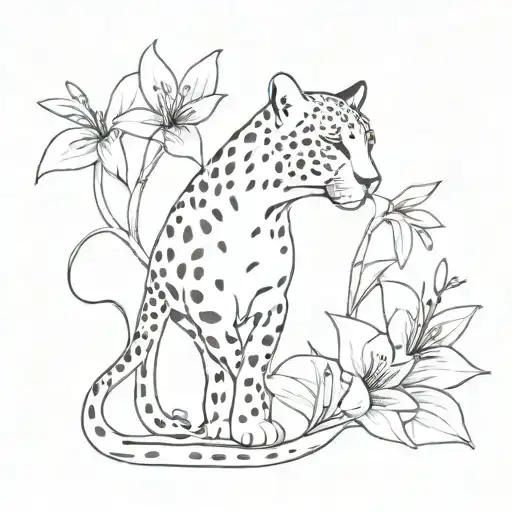 full body cheetah with tiger lily flower intertwined  tattoo design idea
