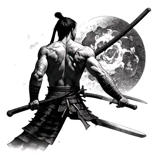 Samurai with swords in full height from the back with naked anime torso tattoo design idea