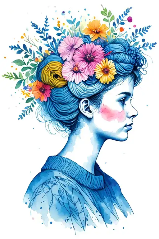 side profile female face with yarn exploding out of top of head. surrounded by national flowers tattoo design idea