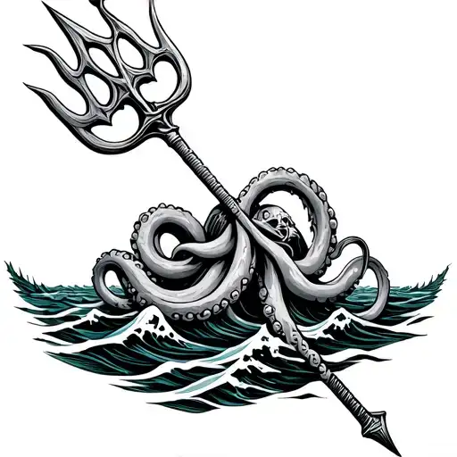 Poseidon's trident is wrapped in tentacles, waves are below, the trident is looking up tattoo design idea