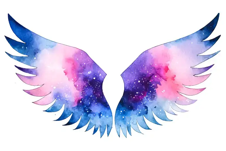 watercolor, anti-possession symbol with galaxy ombre colors merging into black and blue angel wings tattoo design idea