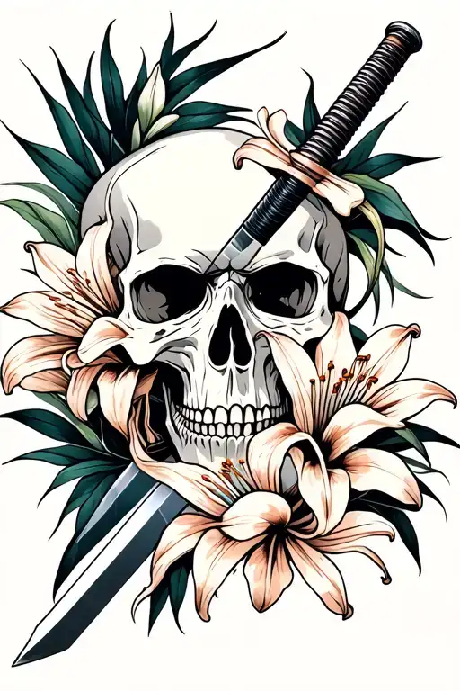 Skull pierced by katana and spider lilies with geometry tattoo design idea