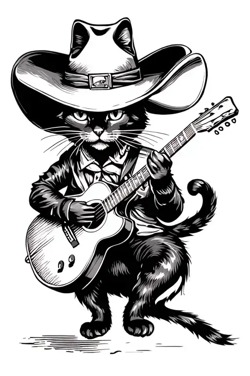 black cat in a cowboy hat playing guitar tattoo design idea