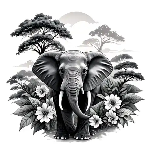 safari with an elephant, flowers, and trees  tattoo design idea