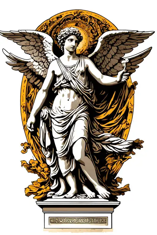a wall of angels above a greek statue tattoo design idea