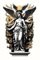 a wall of angels above a greek statue tattoo design idea