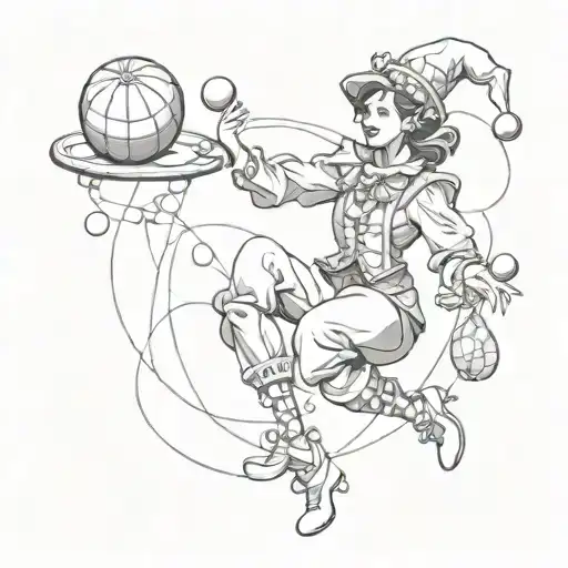 jester, bell shoes, jester collar and hat, no colour, balancing on ball, juggling, mismatch tights tattoo design idea